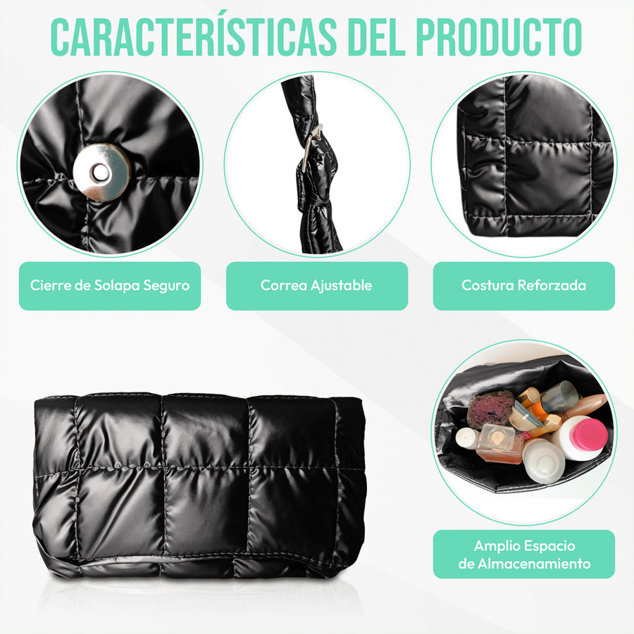 Bolsa Acolchada Mujer Tipo Puffer · Correa Ajustable y Cierre con Imán · 24.5 × 15 cm color Negro