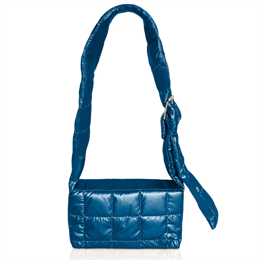 Bolsa Acolchada Mujer Tipo Puffer · Correa Ajustable y Cierre con Imán · 24.5 × 15 cm color Azul Marino