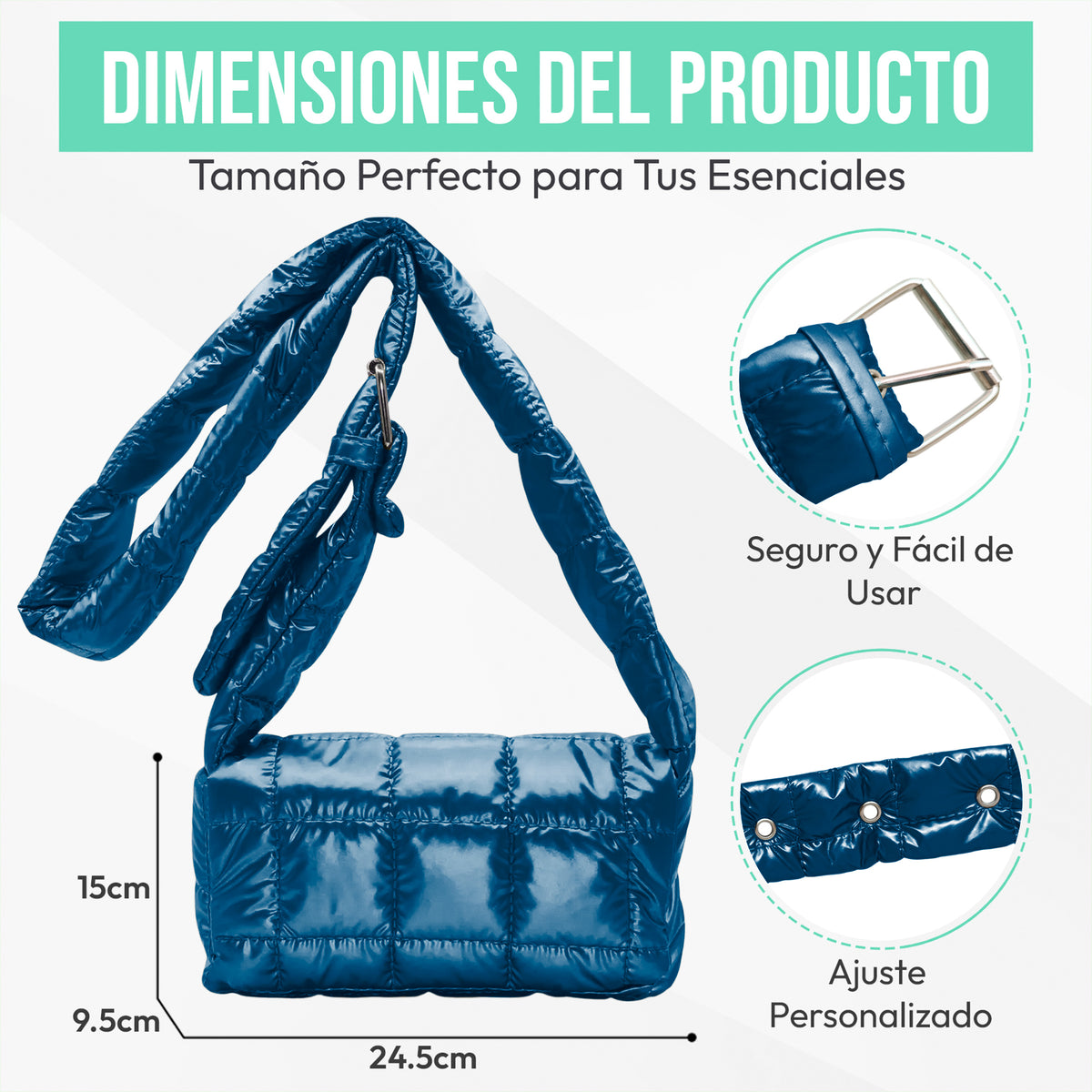Bolsa Acolchada Mujer Tipo Puffer · Correa Ajustable y Cierre con Imán · 24.5 × 15 cm color Azul Marino