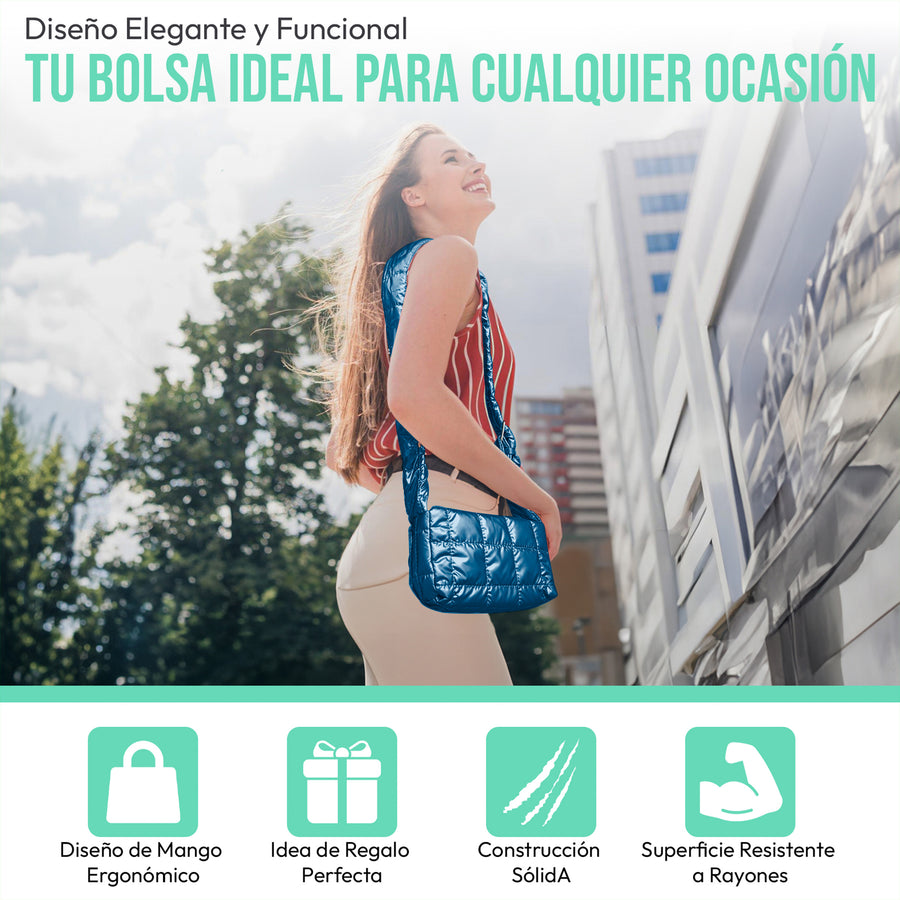 Bolsa Acolchada Mujer Tipo Puffer · Correa Ajustable y Cierre con Imán · 24.5 × 15 cm color Azul Marino