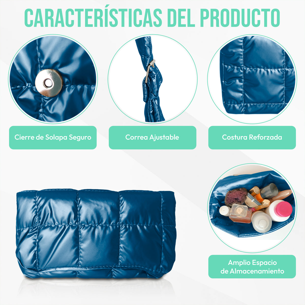 Bolsa Acolchada Mujer Tipo Puffer · Correa Ajustable y Cierre con Imán · 24.5 × 15 cm color Azul Marino