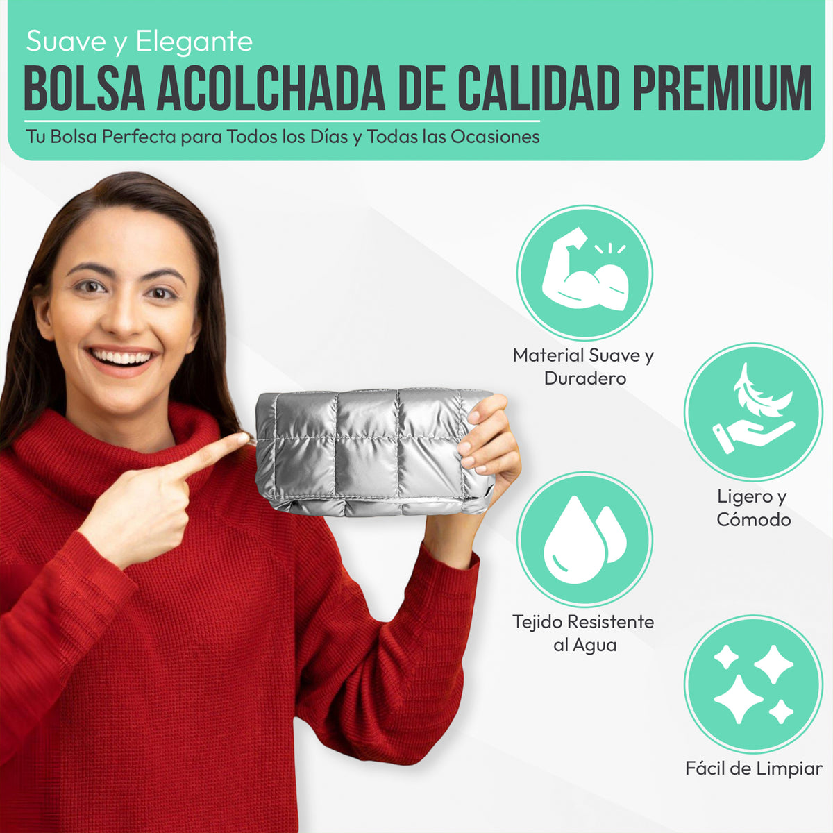 Bolsa Acolchada Mujer Tipo Puffer · Correa Ajustable y Cierre con Imán · 24.5 × 15 cm color Plata