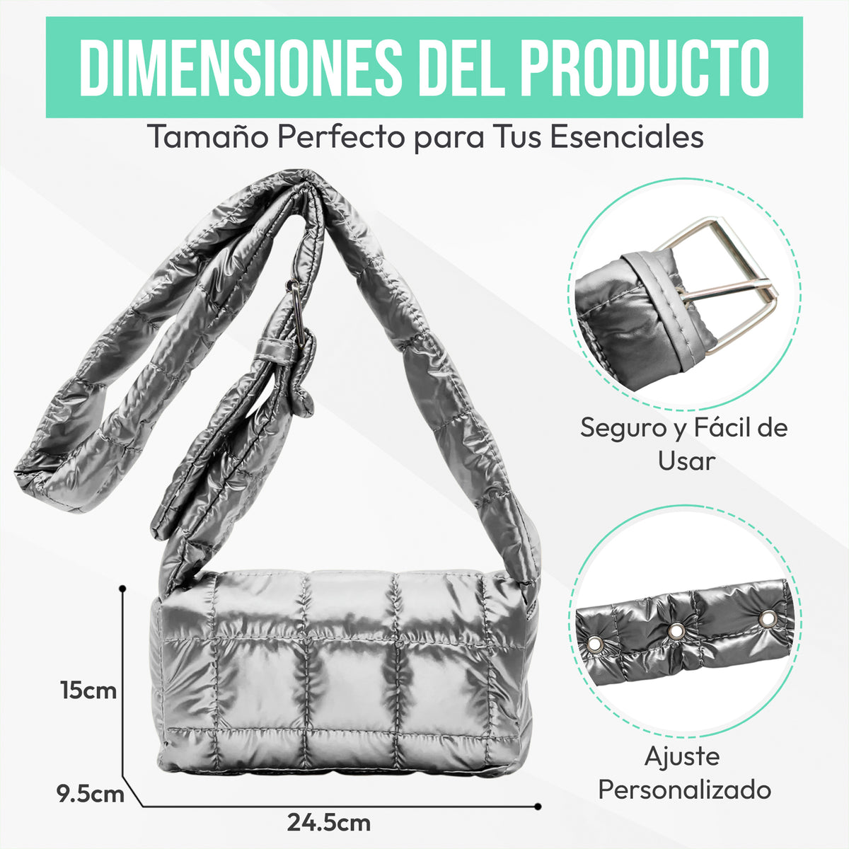 Bolsa Acolchada Mujer Tipo Puffer · Correa Ajustable y Cierre con Imán · 24.5 × 15 cm color Plata