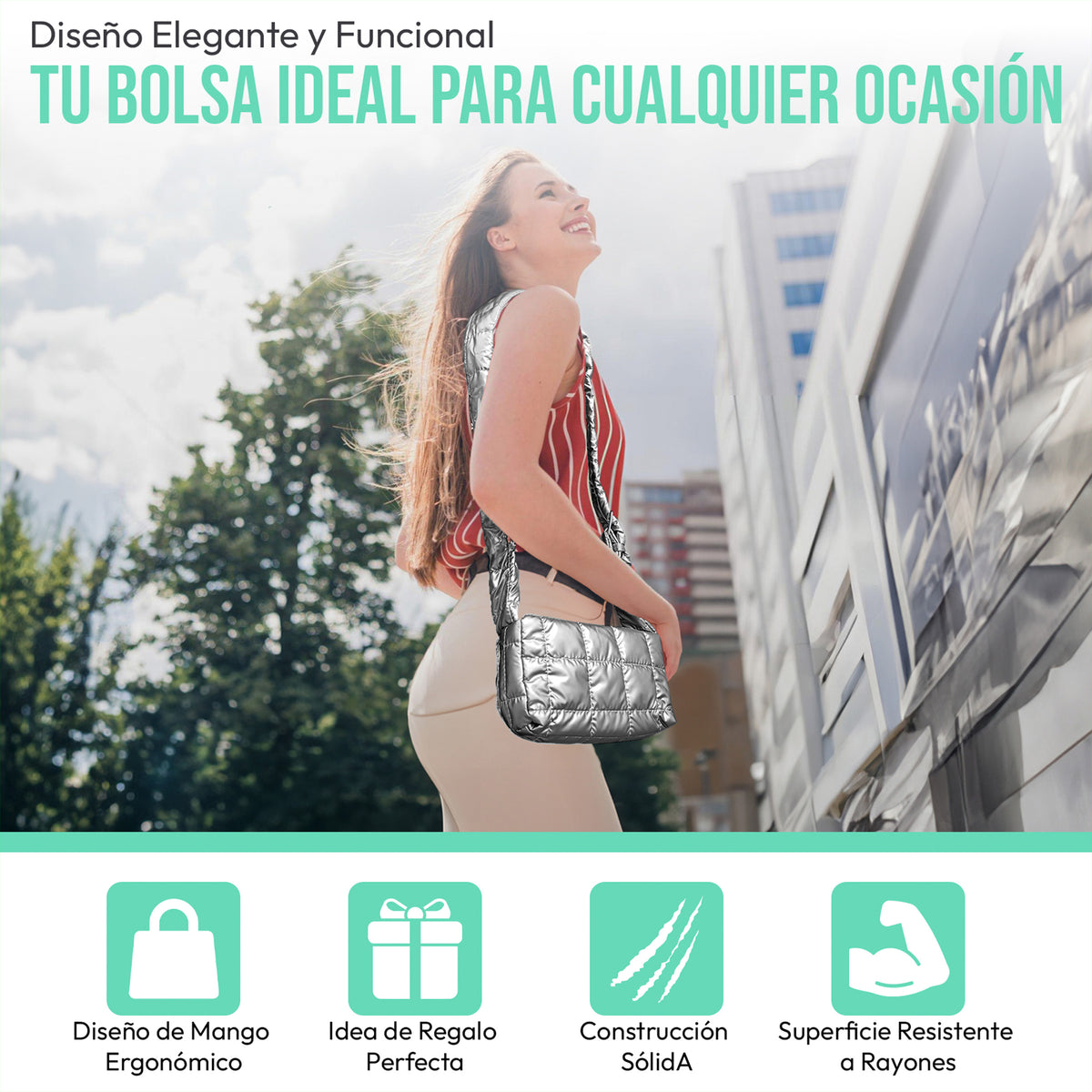 Bolsa Acolchada Mujer Tipo Puffer · Correa Ajustable y Cierre con Imán · 24.5 × 15 cm color Plata