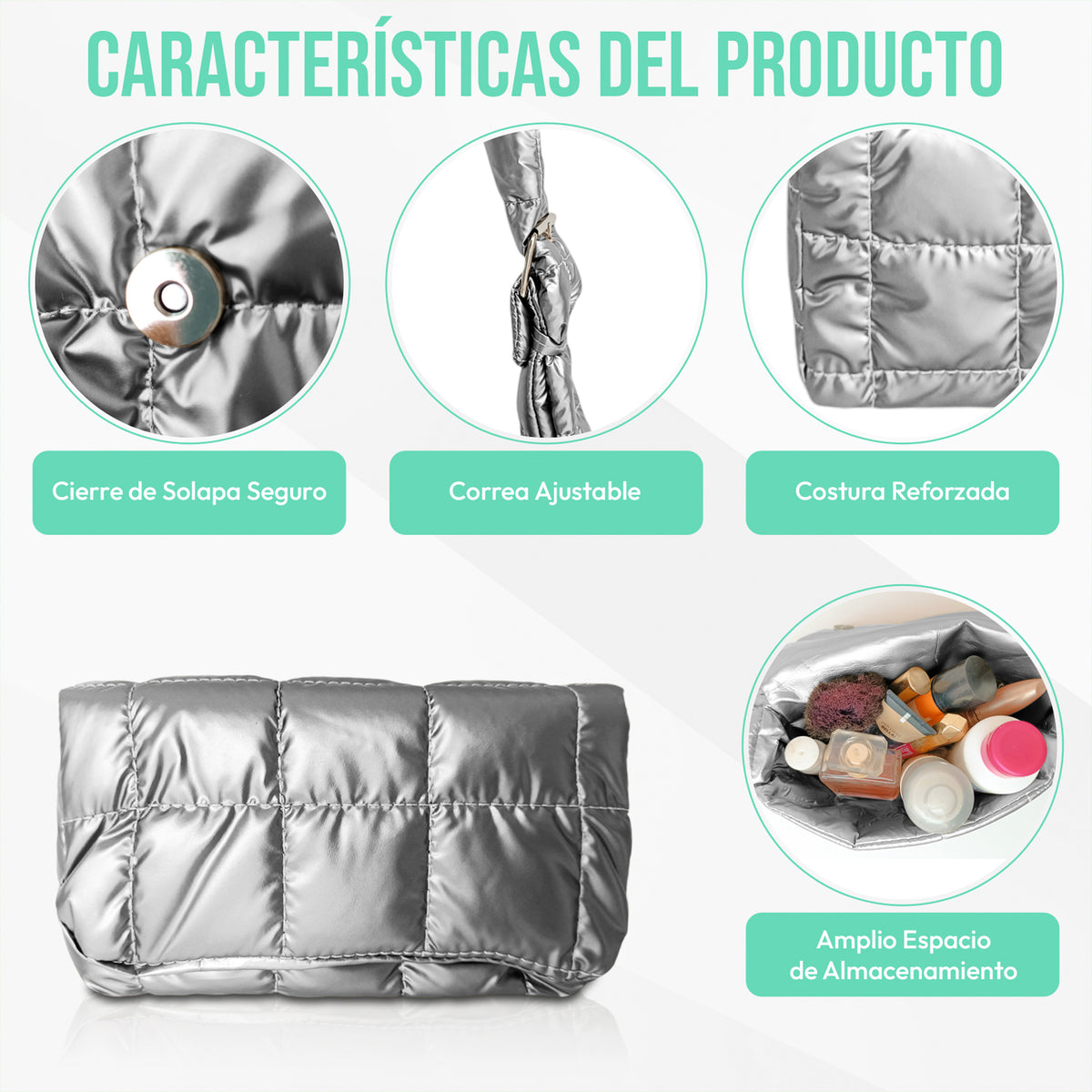 Bolsa Acolchada Mujer Tipo Puffer · Correa Ajustable y Cierre con Imán · 24.5 × 15 cm color Plata