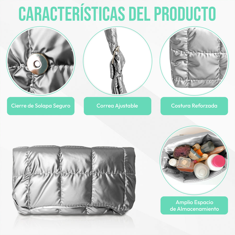 Bolsa Acolchada Mujer Tipo Puffer · Correa Ajustable y Cierre con Imán · 24.5 × 15 cm color Plata