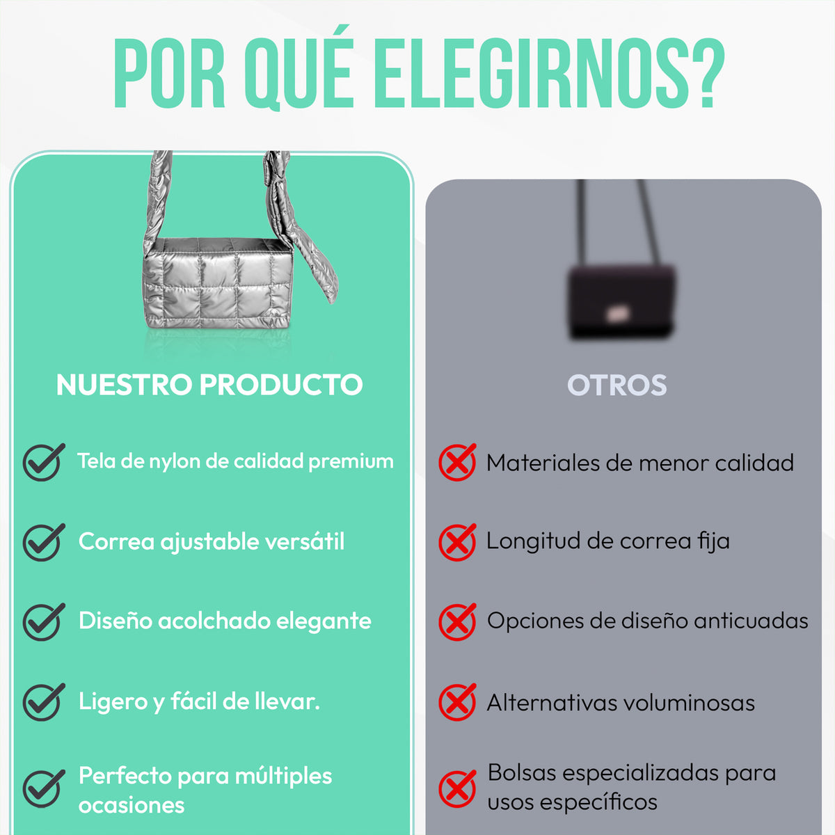 Bolsa Acolchada Mujer Tipo Puffer · Correa Ajustable y Cierre con Imán · 24.5 × 15 cm color Plata