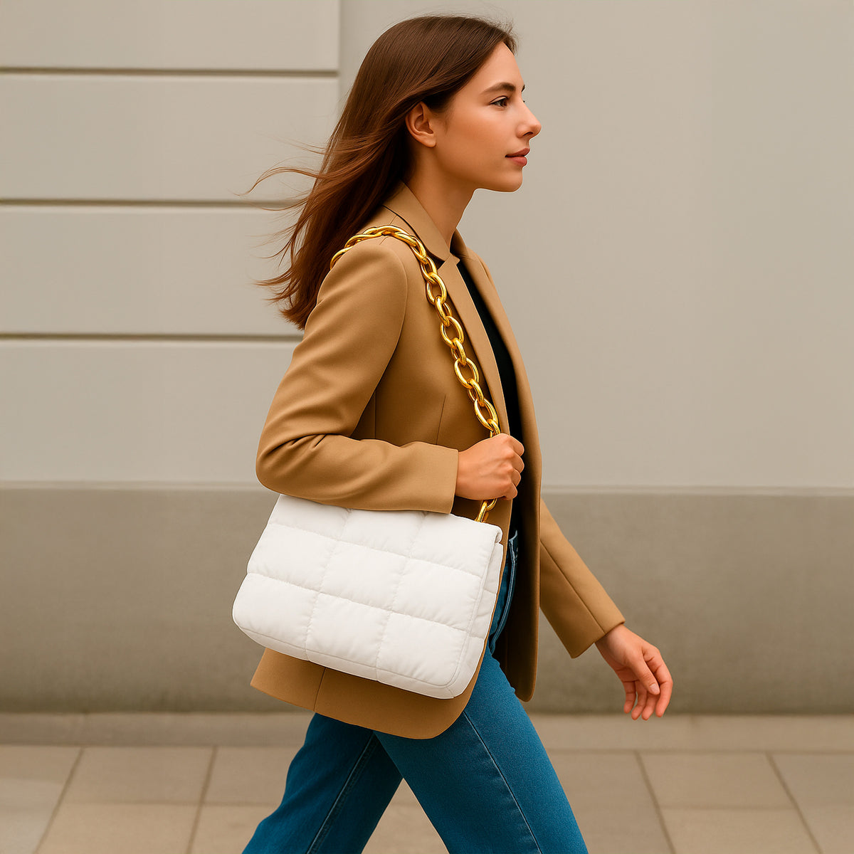 Bolsa Acolchada Mujer con Cadena Dorada · Bandolera 25 × 16 cm color Blanco