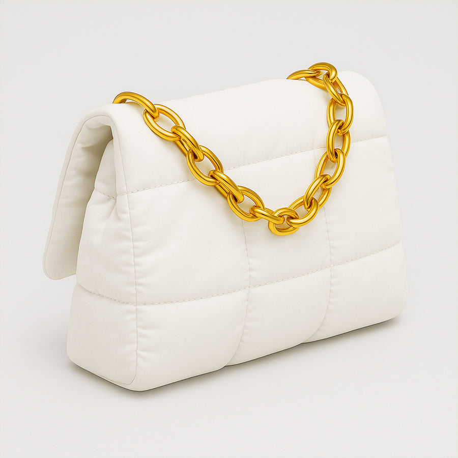 Bolsa Acolchada Mujer con Cadena Dorada · Bandolera 25 × 16 cm color Blanco