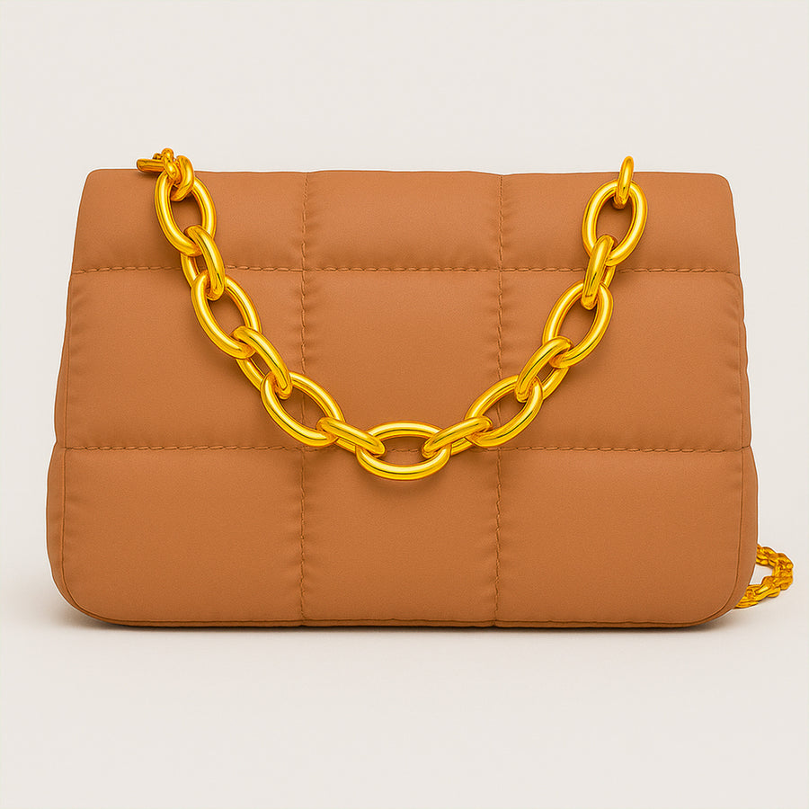 Bolsa Acolchada Mujer con Cadena Dorada · Bandolera 25 × 16 cm color Café