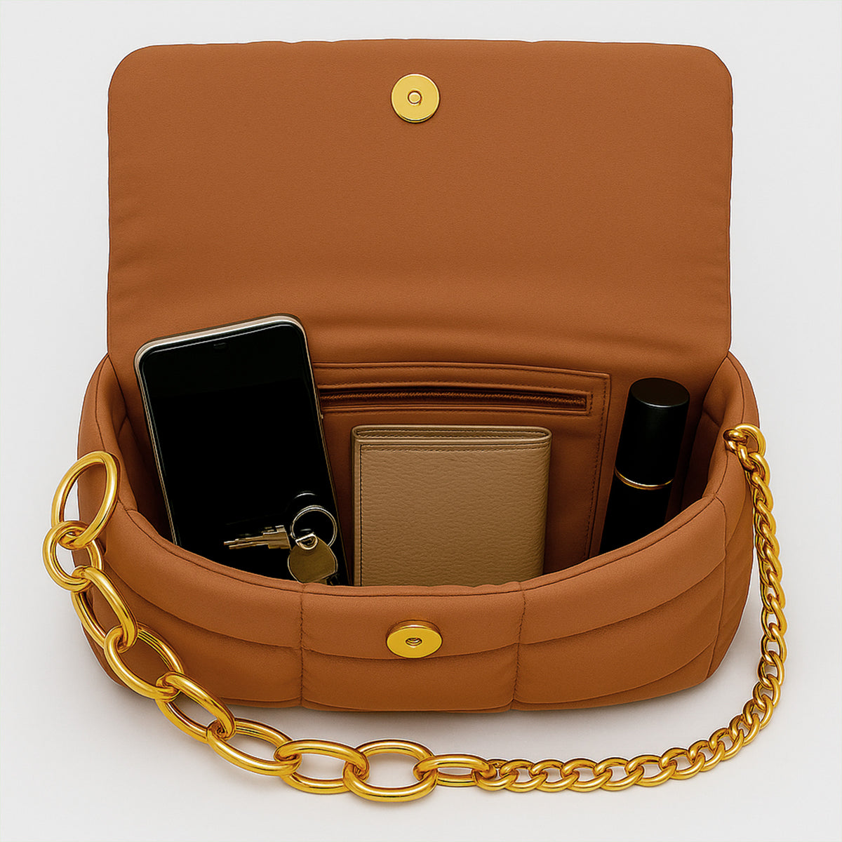 Bolsa Acolchada Mujer con Cadena Dorada · Bandolera 25 × 16 cm color Café