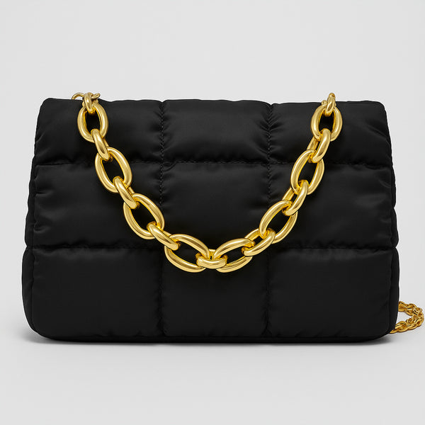 Bolsa Acolchada Mujer con Cadena Dorada · Bandolera 25 × 16 cm color Negro