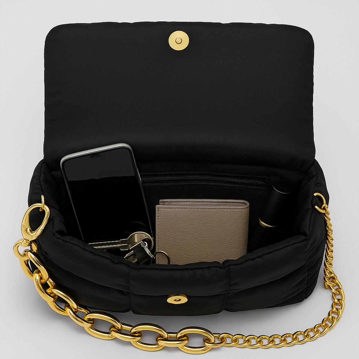 Bolsa Acolchada Mujer con Cadena Dorada · Bandolera 25 × 16 cm color Negro