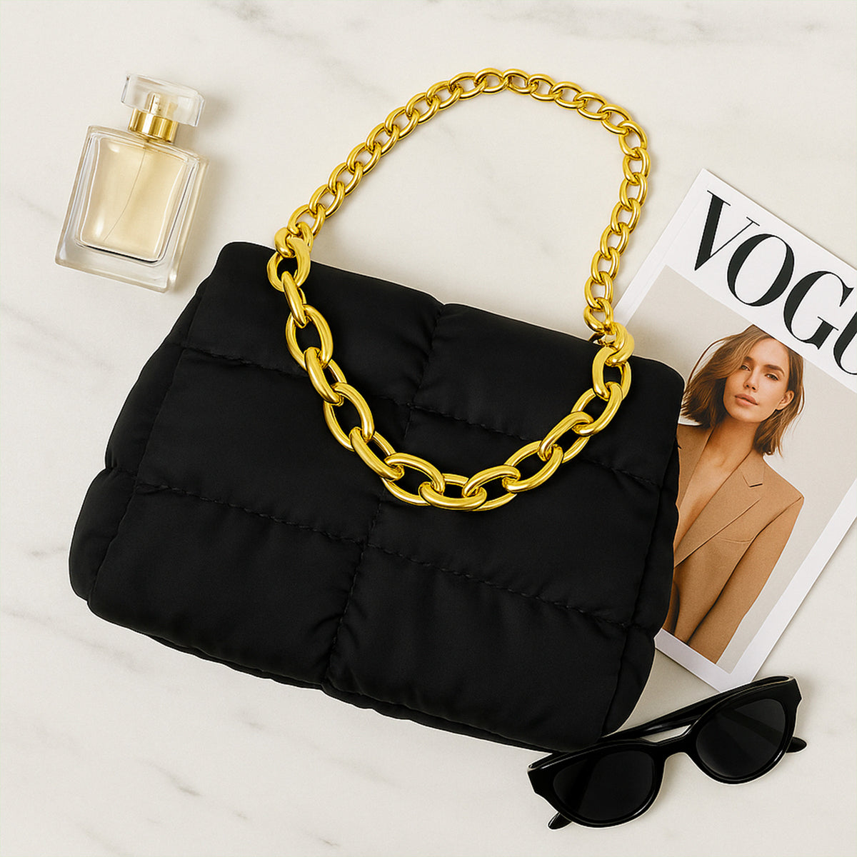 Bolsa Acolchada Mujer con Cadena Dorada · Bandolera 25 × 16 cm color Negro