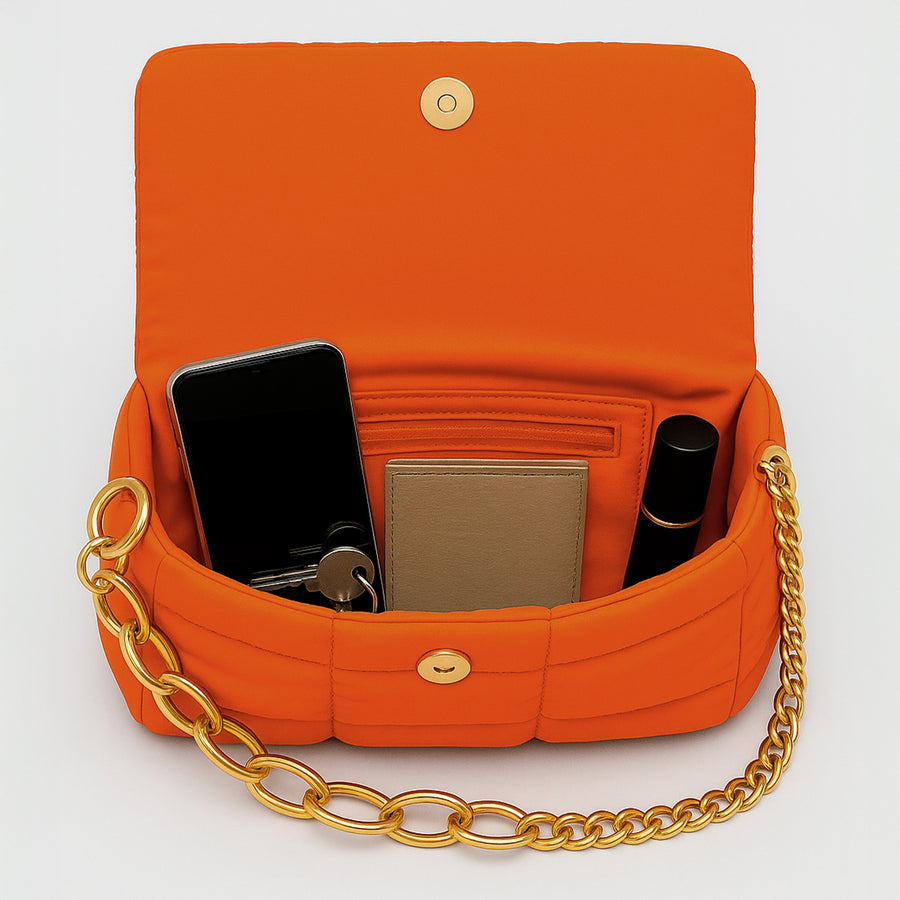 Bolsa Acolchada Mujer con Cadena Dorada · Bandolera 25 × 16 cm color Naranja