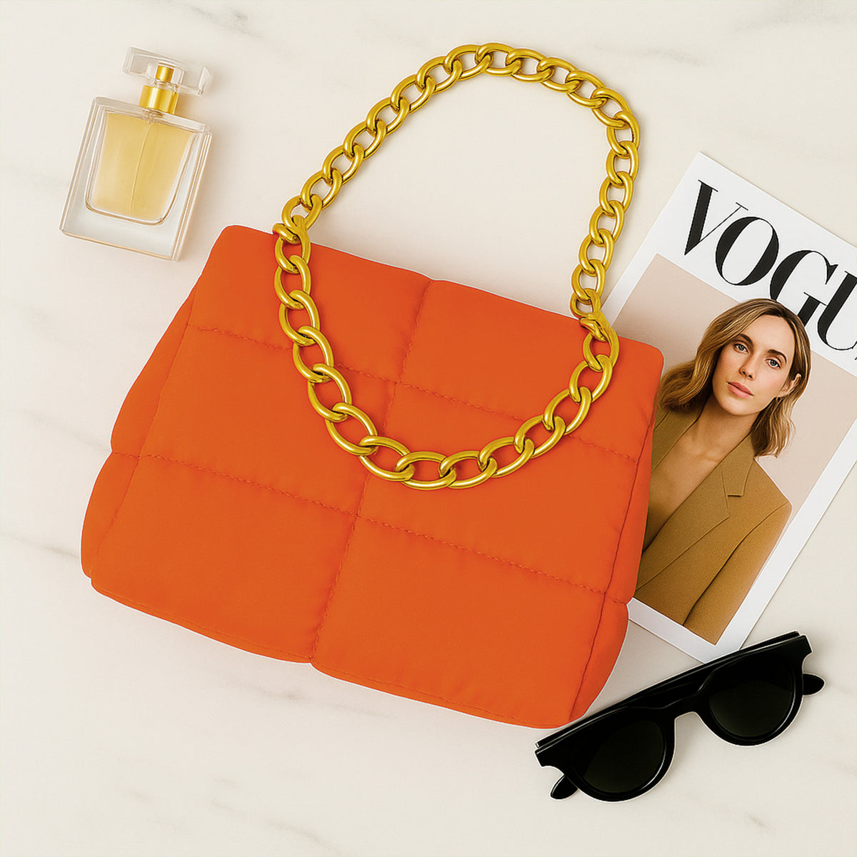 Bolsa Acolchada Mujer con Cadena Dorada · Bandolera 25 × 16 cm color Naranja
