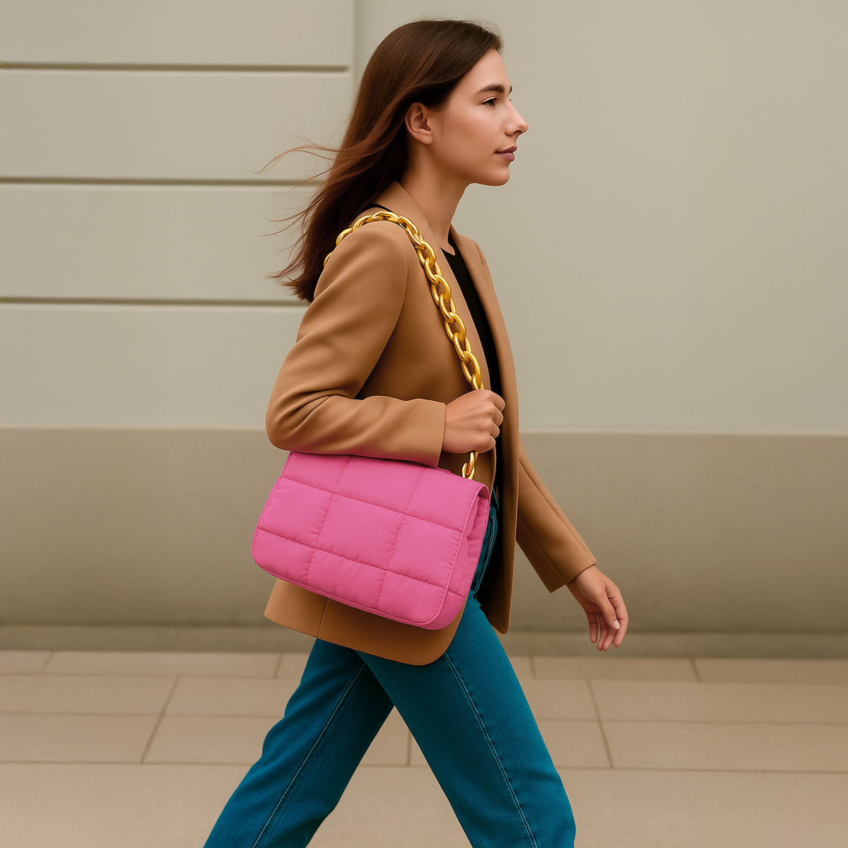 Bolsa Acolchada Mujer con Cadena Dorada · Bandolera 25 × 16 cm color Rosa