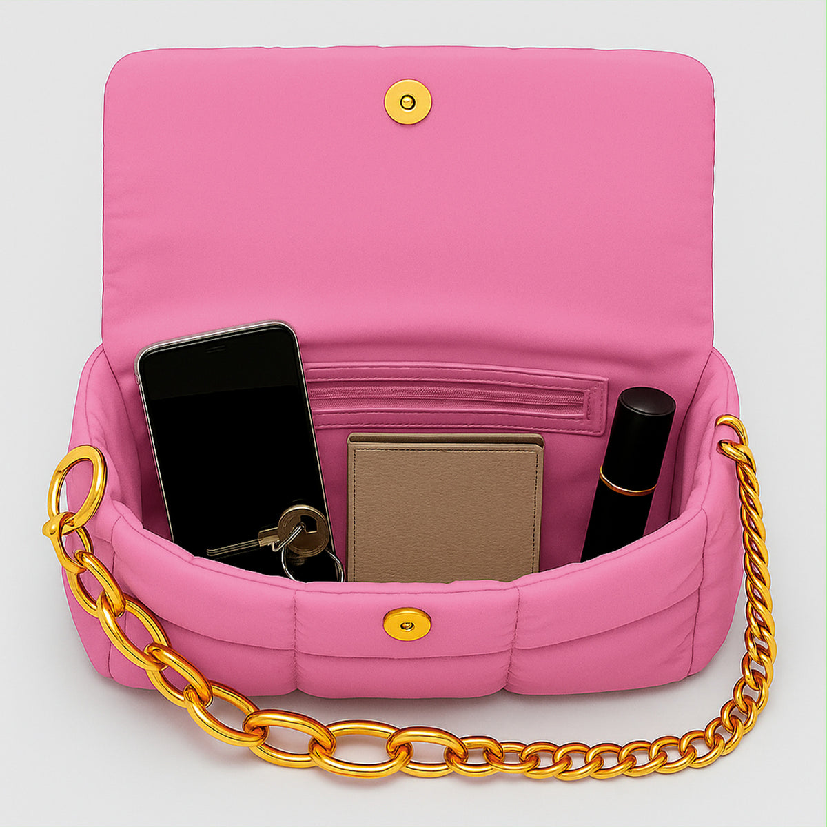 Bolsa Acolchada Mujer con Cadena Dorada · Bandolera 25 × 16 cm color Rosa