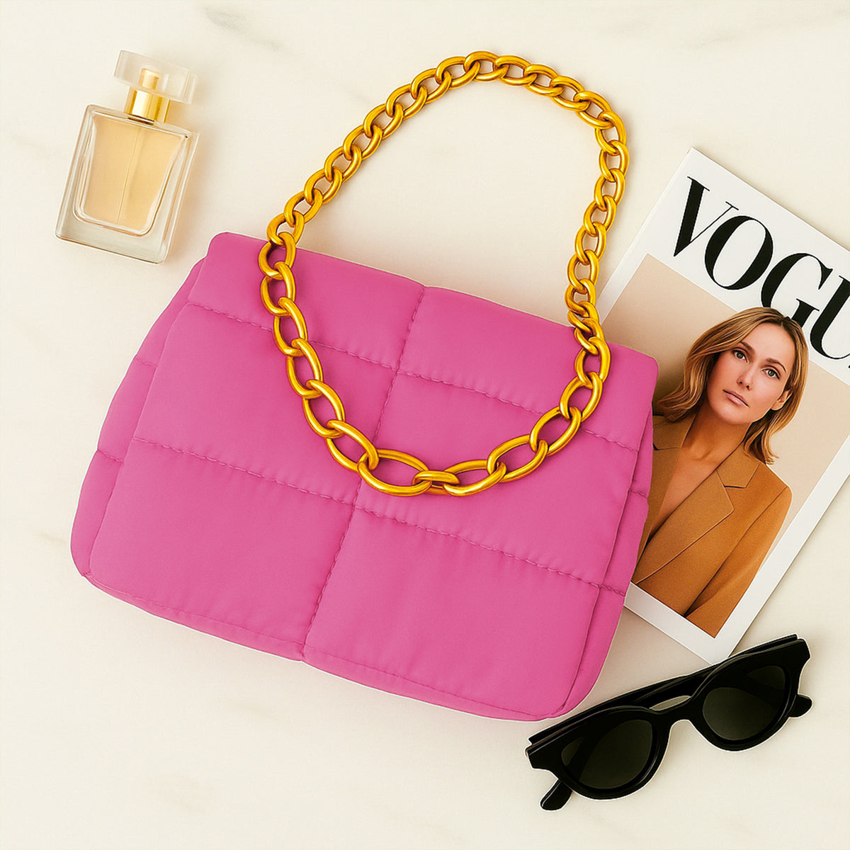 Bolsa Acolchada Mujer con Cadena Dorada · Bandolera 25 × 16 cm color Rosa