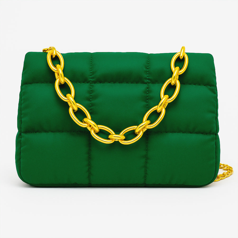 Bolsa Acolchada Mujer con Cadena Dorada · Bandolera 25 × 16 cm color Verde