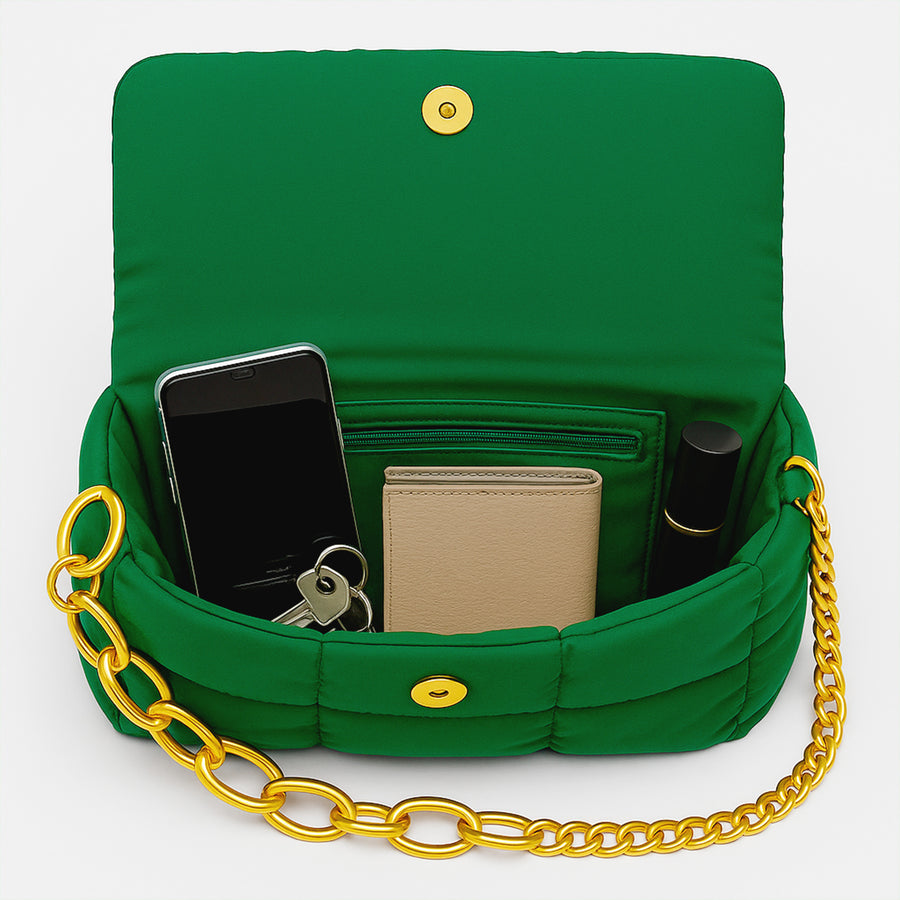 Bolsa Acolchada Mujer con Cadena Dorada · Bandolera 25 × 16 cm color Verde