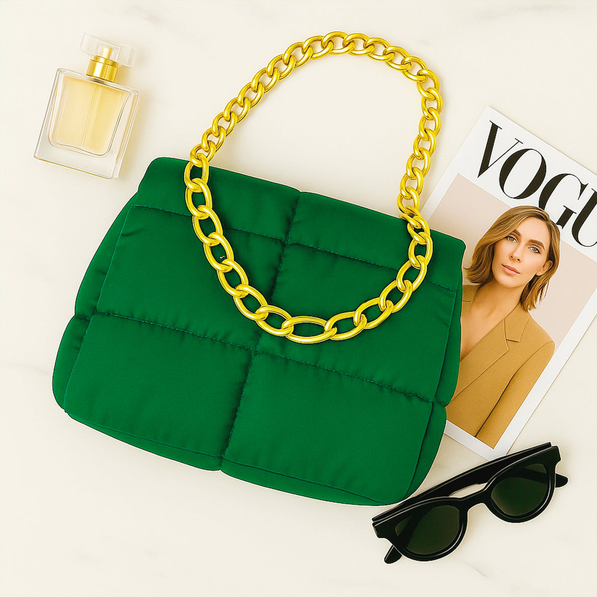 Bolsa Acolchada Mujer con Cadena Dorada · Bandolera 25 × 16 cm color Verde