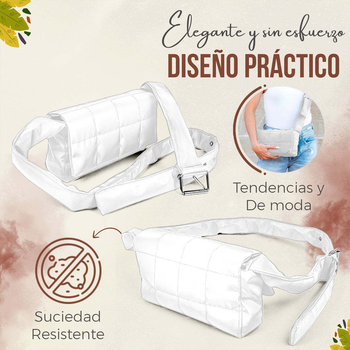 Bolso de Hombro Acolchado Mujer · Correa Ancha Ajustable · Gran Capacidad color Blanco
