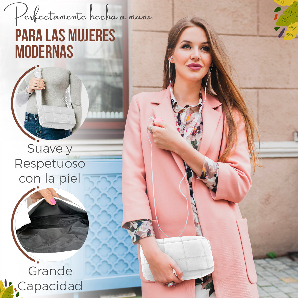Bolso de Hombro Acolchado Mujer · Correa Ancha Ajustable · Gran Capacidad color Blanco