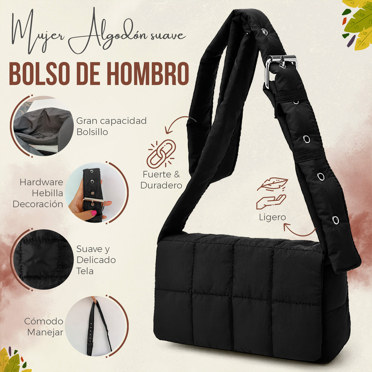 Bolso de Hombro Acolchado Mujer · Correa Ancha Ajustable · Gran Capacidad color Negro