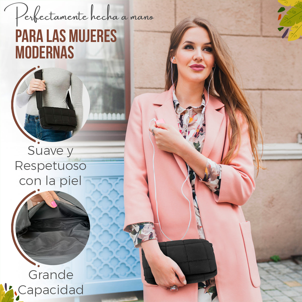 Bolso de Hombro Acolchado Mujer · Correa Ancha Ajustable · Gran Capacidad color Negro