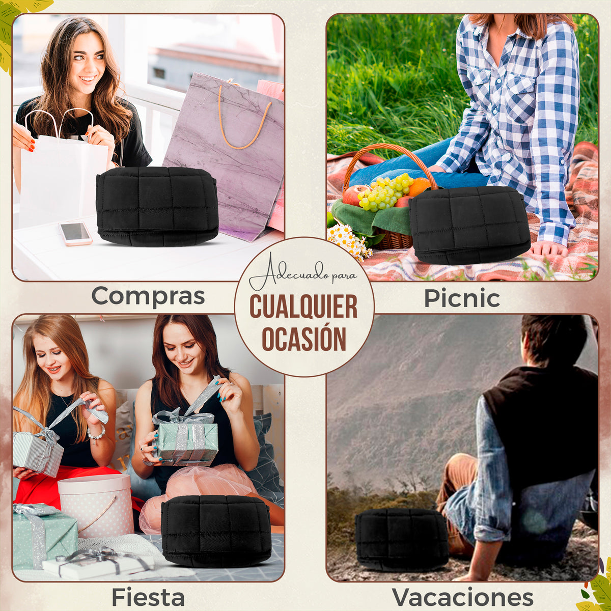 Bolso de Hombro Acolchado Mujer · Correa Ancha Ajustable · Gran Capacidad color Negro