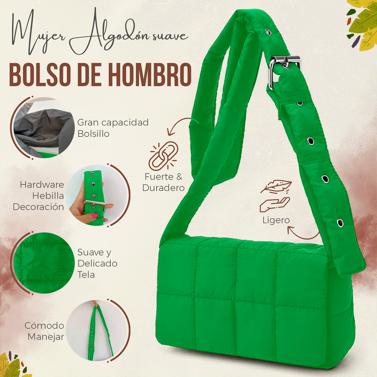 Bolso de Hombro Acolchado Mujer · Correa Ancha Ajustable · Gran Capacidad color Verde