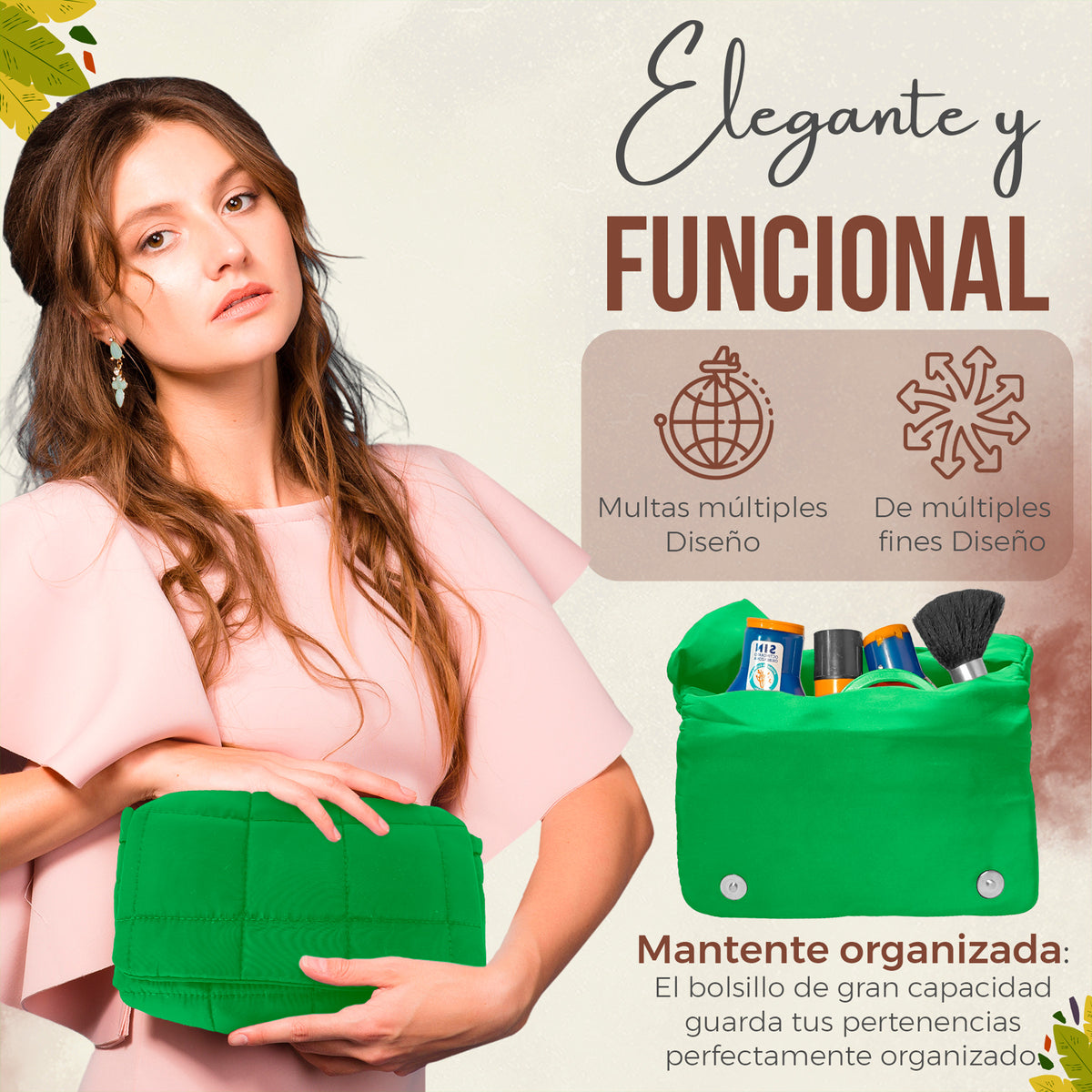 Bolso de Hombro Acolchado Mujer · Correa Ancha Ajustable · Gran Capacidad color Verde