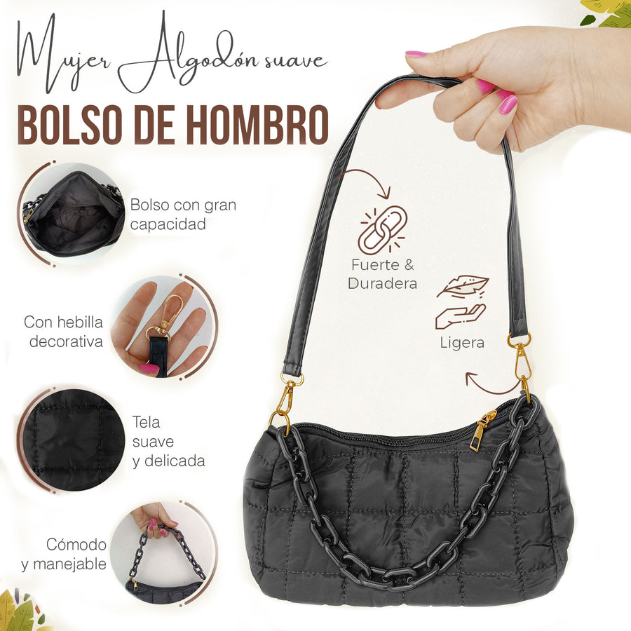 Bolsa de Hombro Acolchada con Cadena · Bolsa Puffer Mujer con Correa Larga color Negro