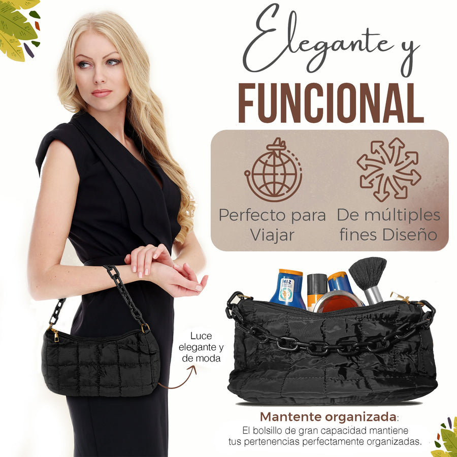 Bolsa de Hombro Acolchada con Cadena · Bolsa Puffer Mujer con Correa Larga color Negro