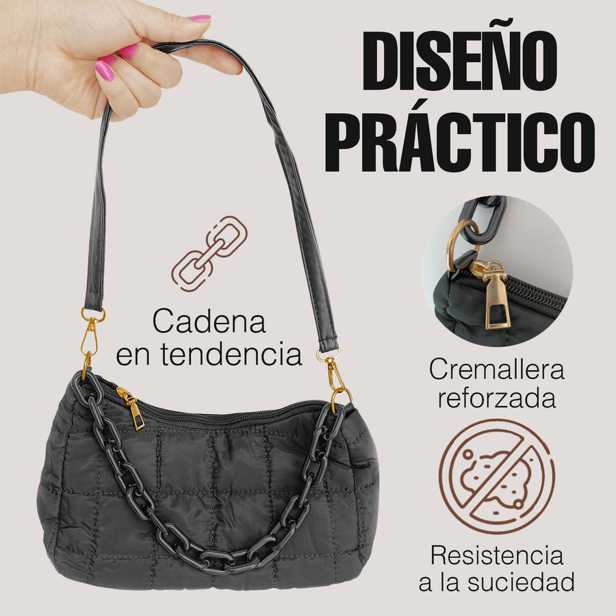 Bolsa de Hombro Acolchada con Cadena · Bolsa Puffer Mujer con Correa Larga color Negro