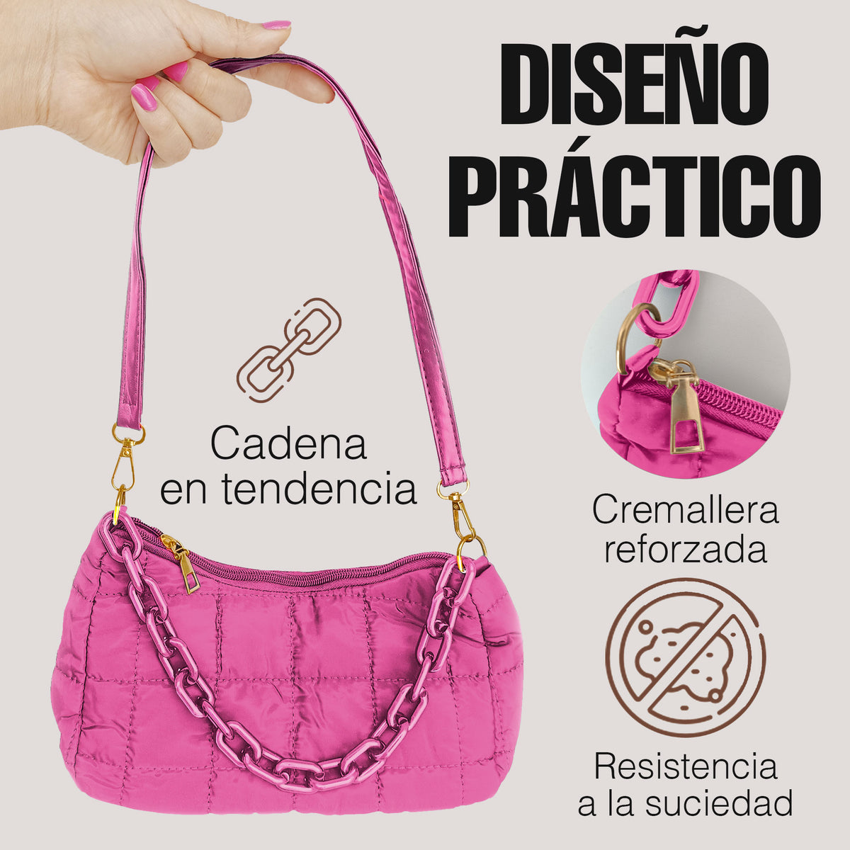 Bolsa de Hombro Acolchada con Cadena · Bolsa Puffer Mujer con Correa Larga color Rosa
