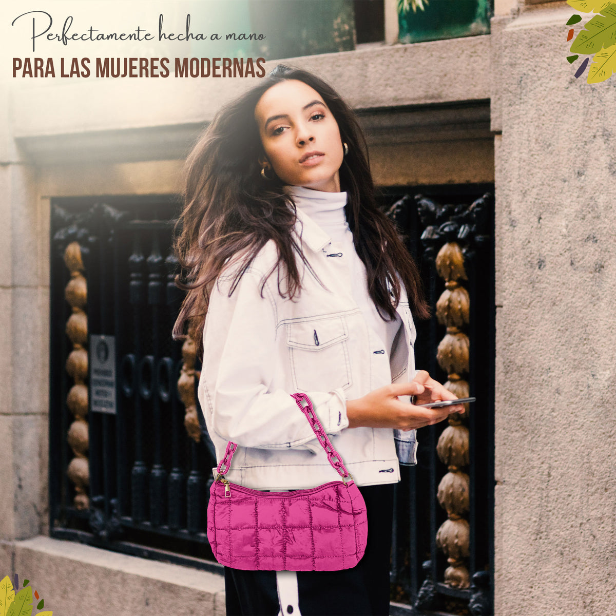 Bolsa de Hombro Acolchada con Cadena · Bolsa Puffer Mujer con Correa Larga color Rosa