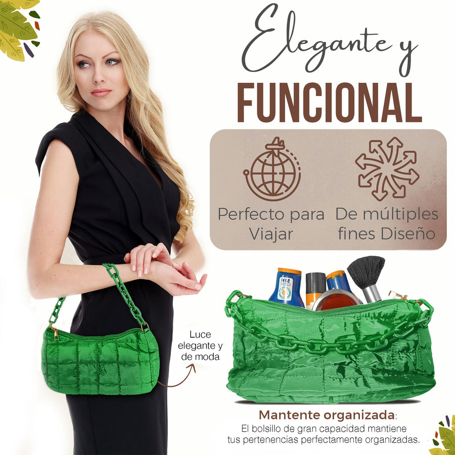 Bolsa de Hombro Acolchada con Cadena · Bolsa Puffer Mujer con Correa Larga color Verde