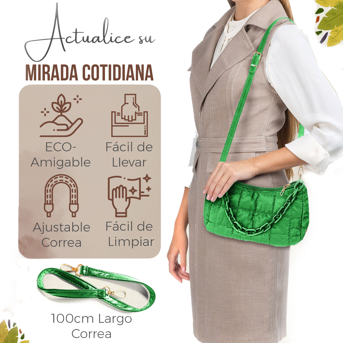 Bolsa de Hombro Acolchada con Cadena · Bolsa Puffer Mujer con Correa Larga color Verde
