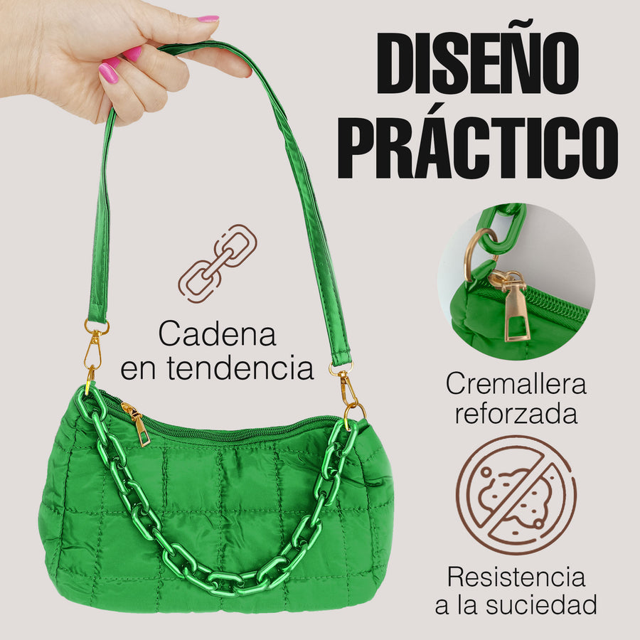 Bolsa de Hombro Acolchada con Cadena · Bolsa Puffer Mujer con Correa Larga color Verde