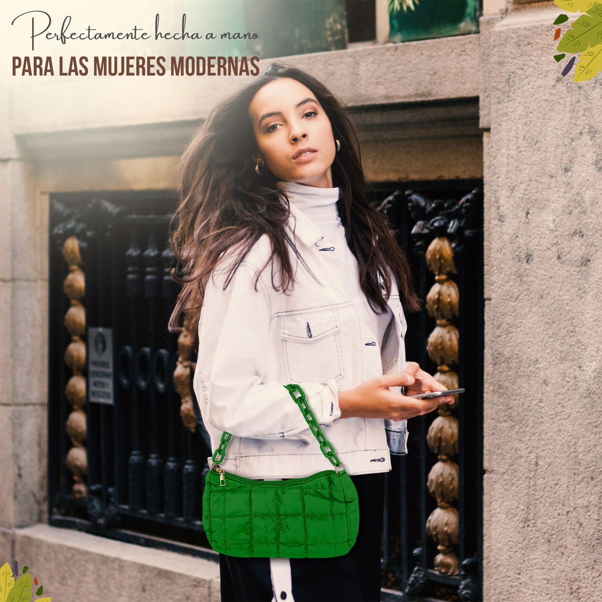 Bolsa de Hombro Acolchada con Cadena · Bolsa Puffer Mujer con Correa Larga color Verde