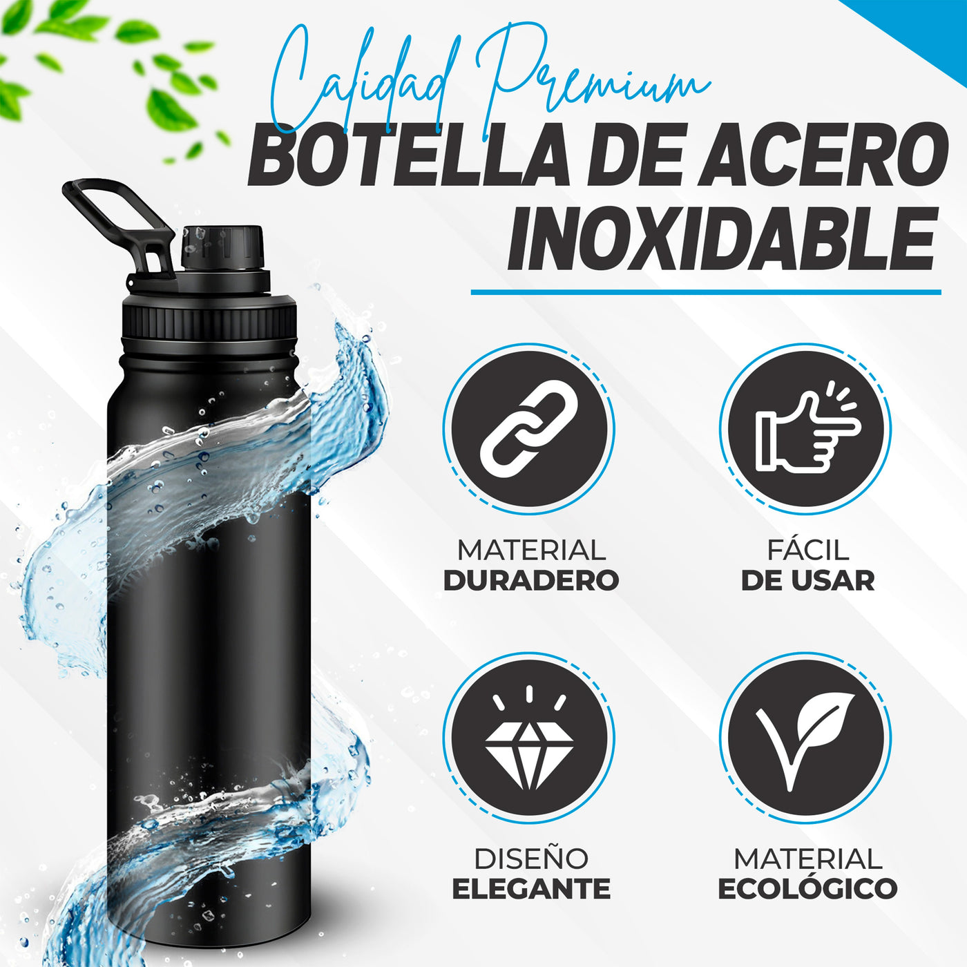 Botella Deportiva de Agua 1 Litro color Negro