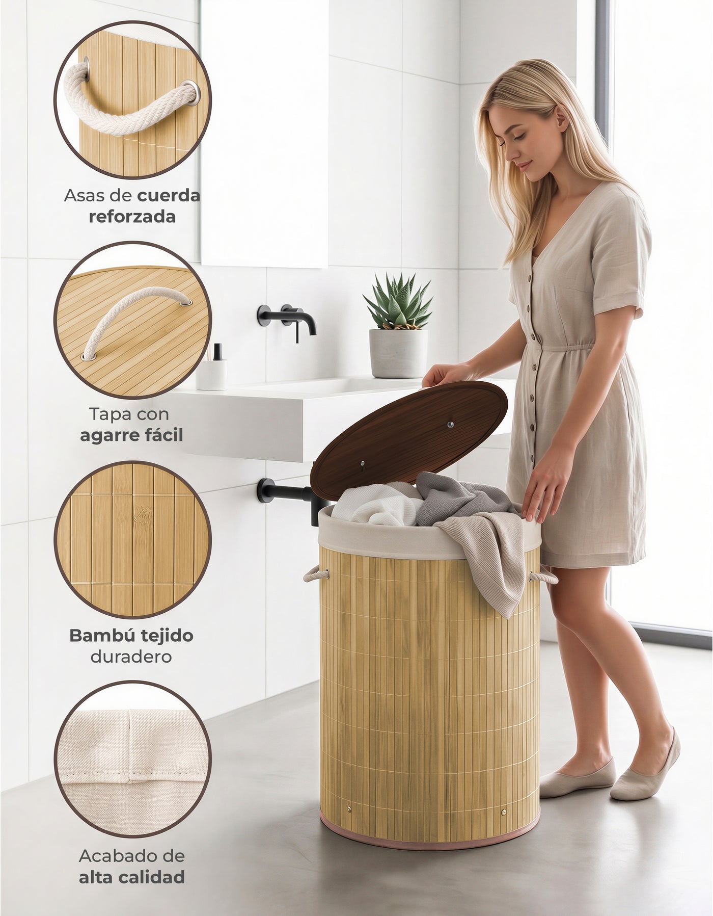 Cesto para Ropa Sucia de Bambú con Asas · Madera