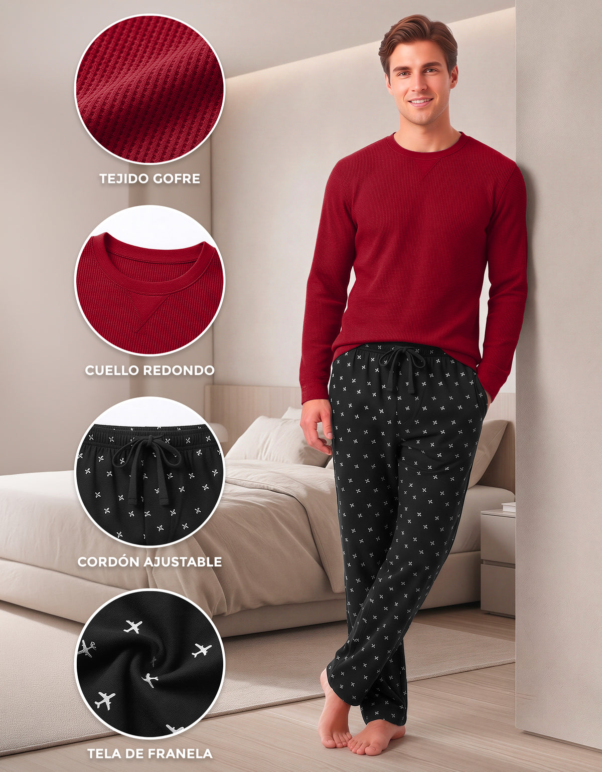 Conjunto Térmico Playera y Pants Polar · 2 Piezas (M5234) color Vino / Aviones negro