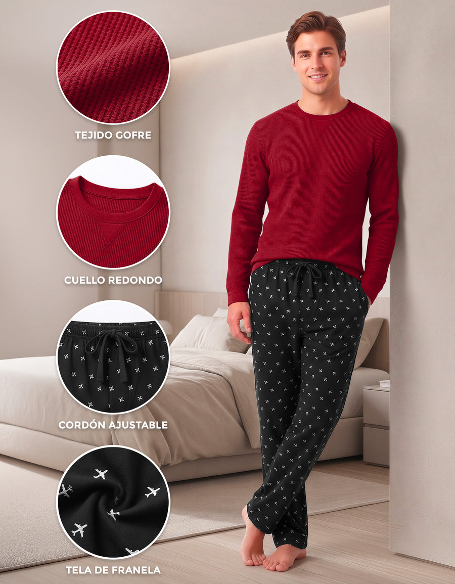 Conjunto Térmico Playera y Pants Polar · 2 Piezas (M5234) color Vino / Aviones negro