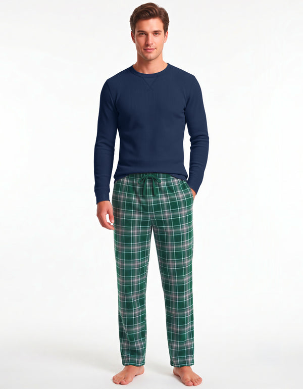 Conjunto Térmico Playera y Pants Polar · 2 Piezas (M5235) color Azul Marino / Cuadros verde
