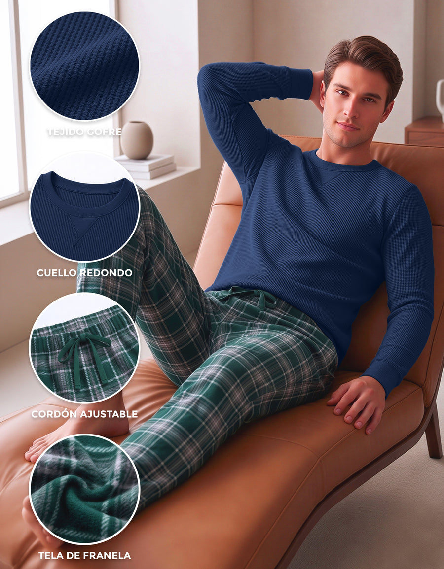 Conjunto Térmico Playera y Pants Polar · 2 Piezas (M5235) color Azul Marino / Cuadros verde