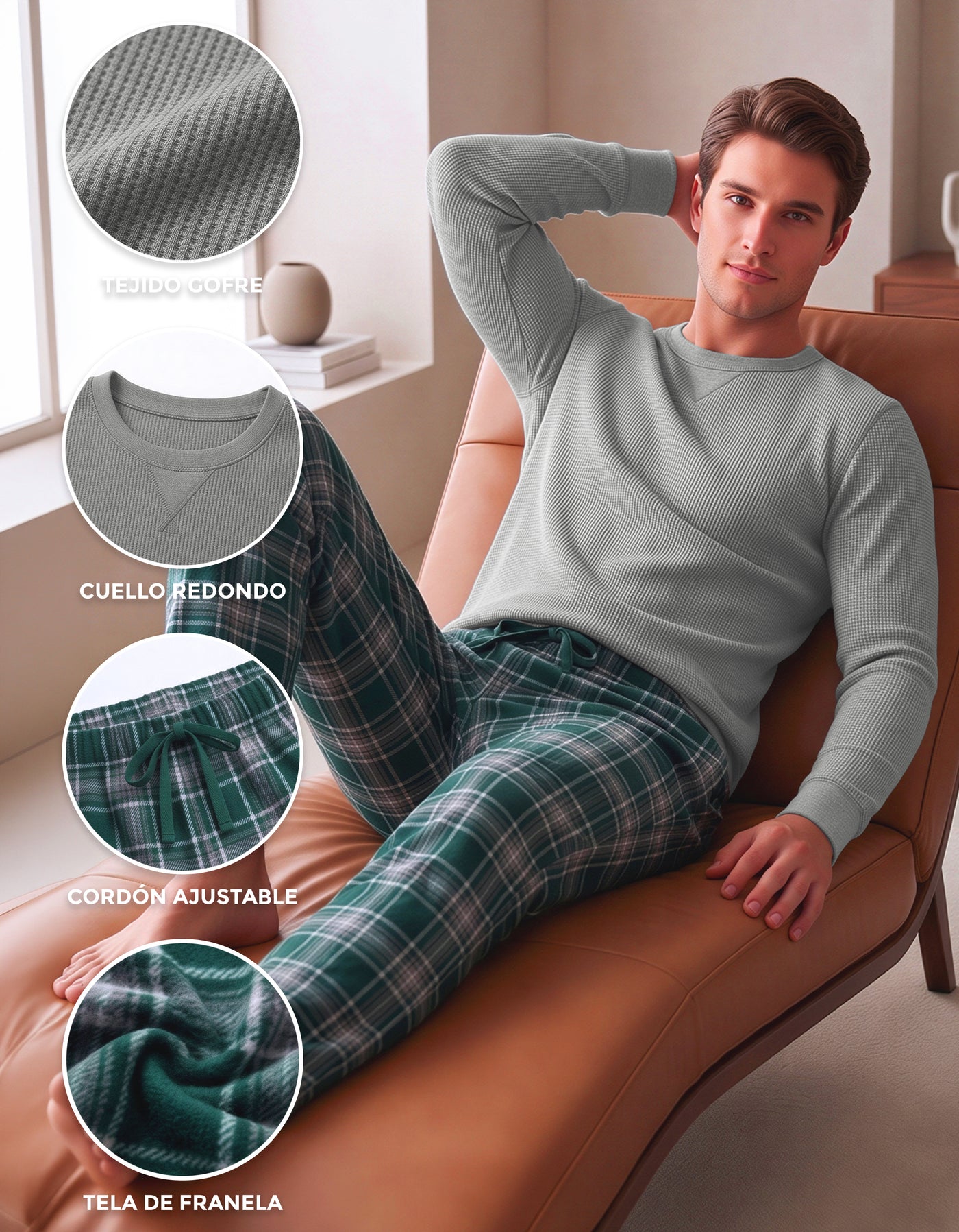 Conjunto Térmico Playera y Pants Polar · 2 Piezas (M5236) color Gris Jaspe / Cuadros verde