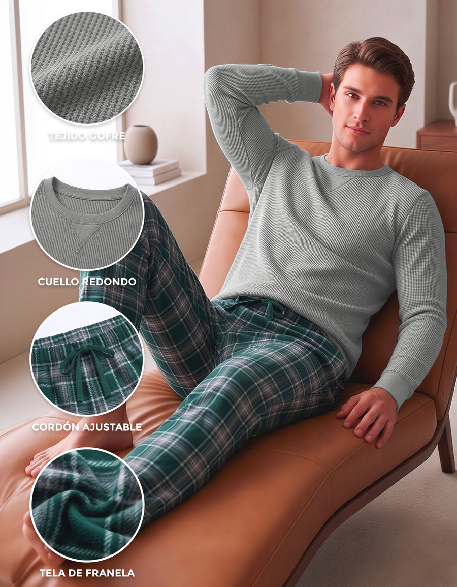 Conjunto Térmico Playera y Pants Polar · 2 Piezas (M5236) color Gris Jaspe / Cuadros verde